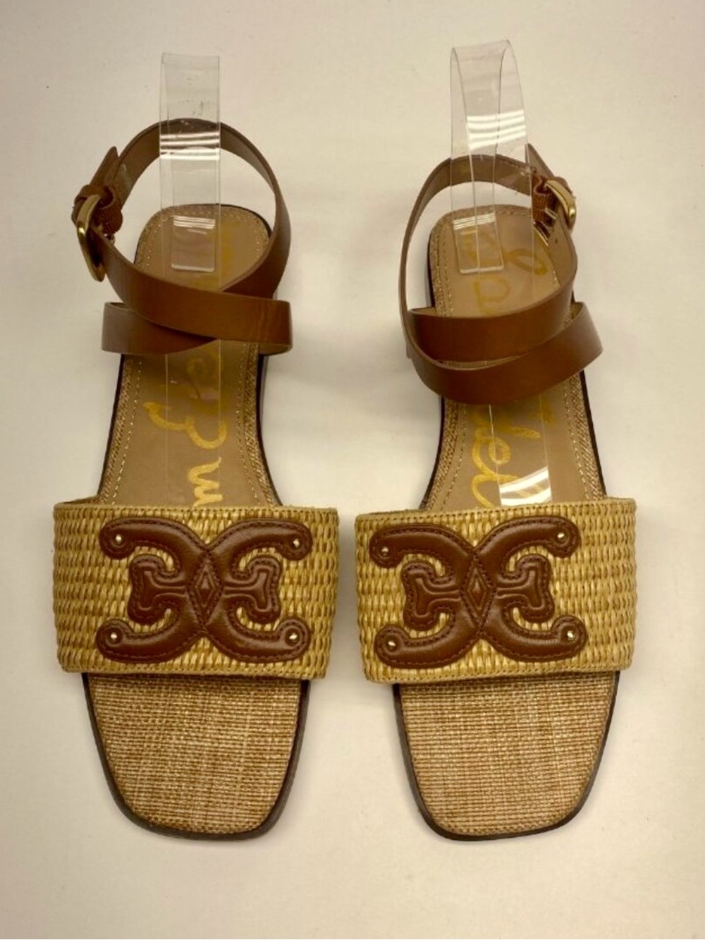 Sam Edelman Tan Raffia & Brown Leather Ankle-Strap Sandals